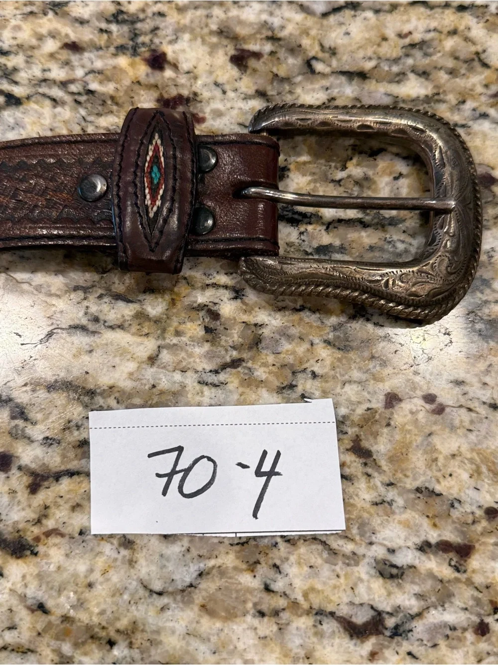 Western embroidered brown leather belt embossed silver decor 47”